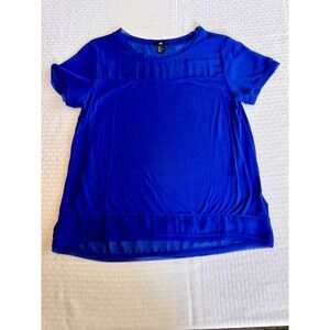 H&M Royal Blue Sheer Panel Blouse Short Sleeve Mixed Media Top Medium